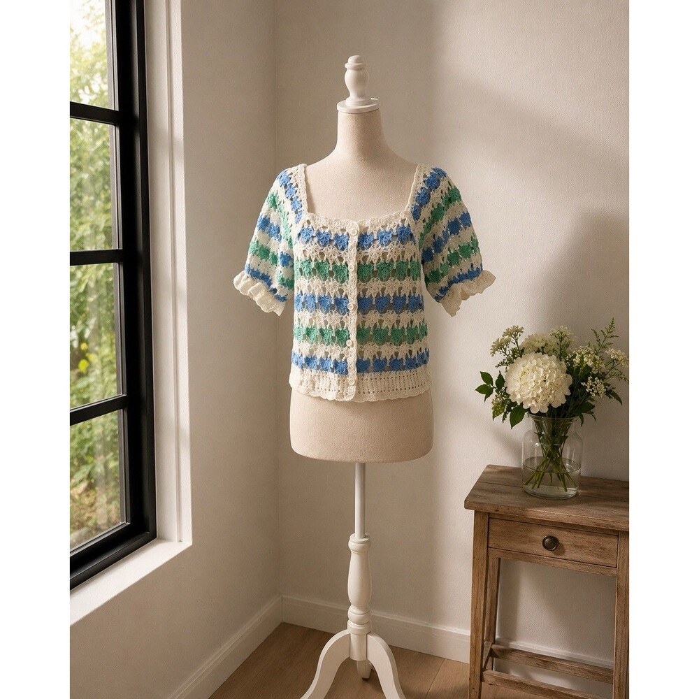 Women’s Crochet Knit Cardigan Sweater Short Sleeve Button Blue Green M/L Cottage
